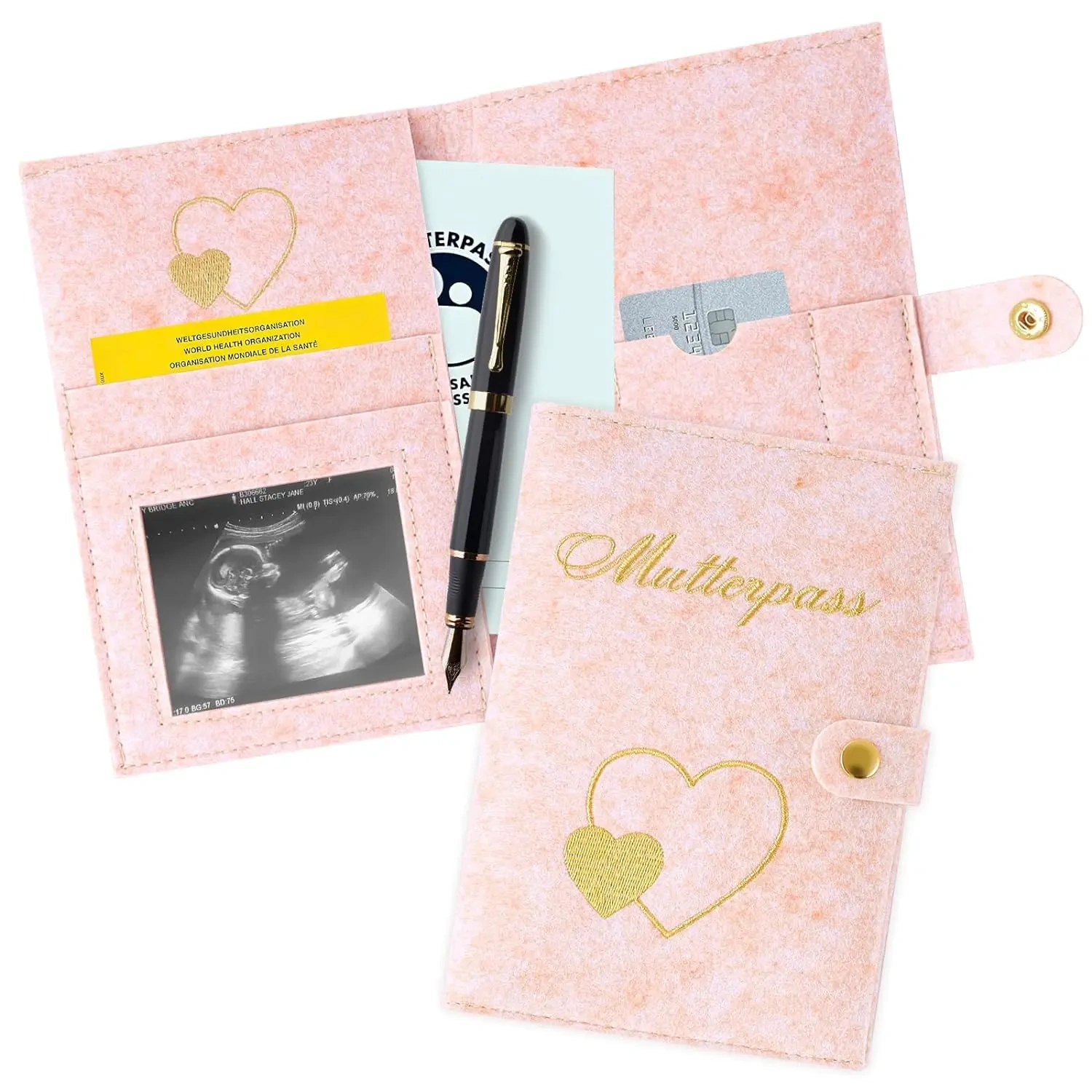 Custom Golden Embroider Heart Felt Mutterpass Cover Bag with Snap Button