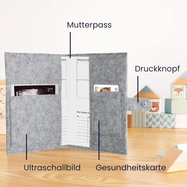 غطاء Mutterpass للحوامل مصنوع من اللباد الرمادي رخيص الثمن بشعار مخصص مع زر كبس