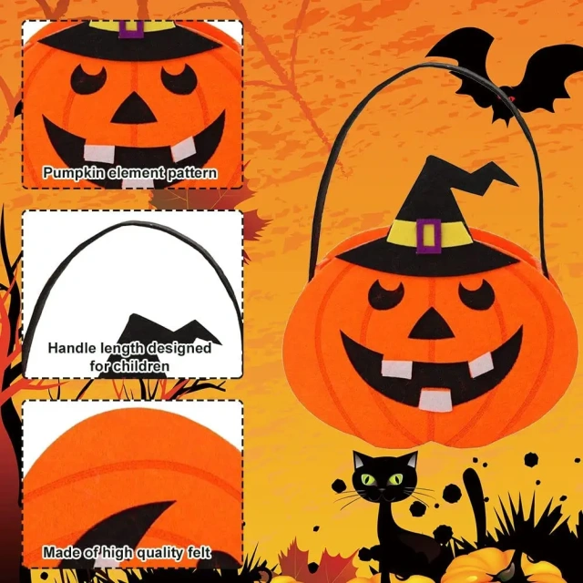 Canasta de dulces de Halloween de fieltro con forma de calabaza para pedir dulces 2025 para niños