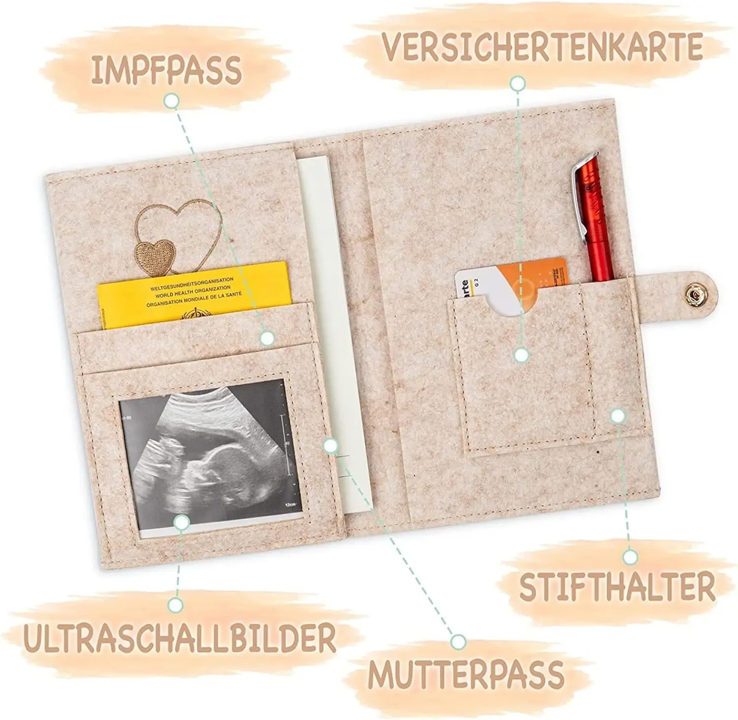 Custom Embroider Beige Premium Felt Maternity Log Pass Cover with Elastic String Silicone Beads