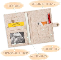 Capa de registro de maternidade de feltro premium bege bordada personalizada com contas de silicone elásticas