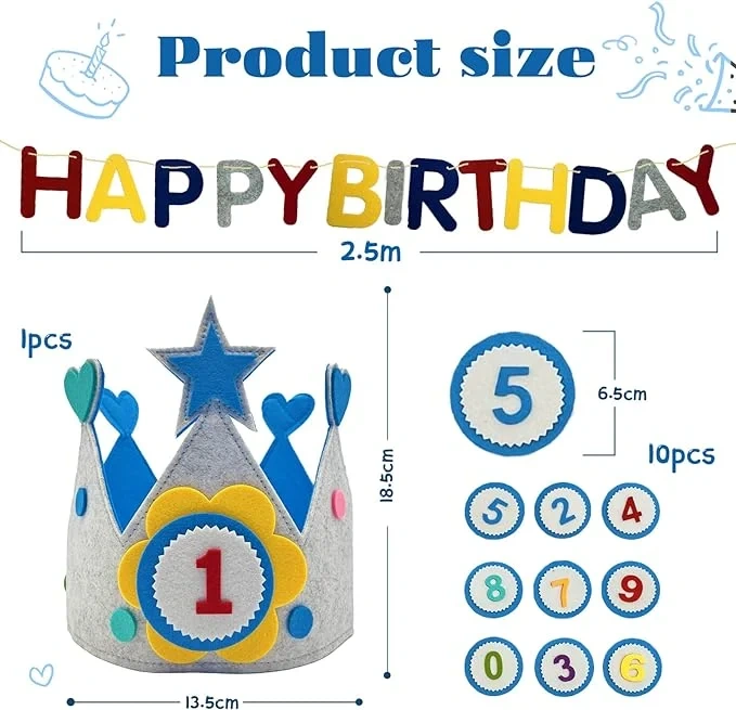Custom 0-9 Years Old Reusable Felt Birthday Party Crown Hat