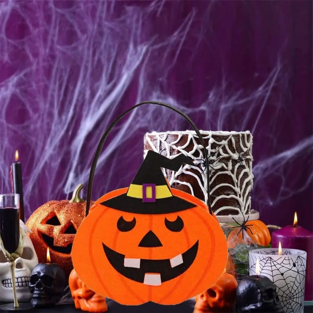 Canasta de dulces de Halloween de fieltro con forma de calabaza para pedir dulces 2025 para niños