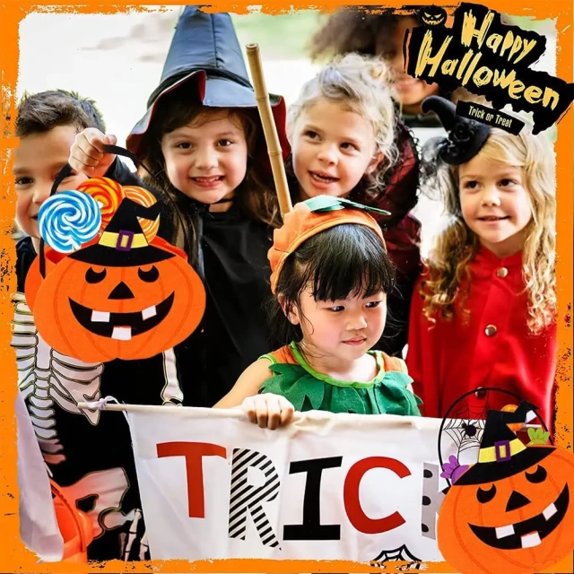 Canasta de dulces de Halloween de fieltro con forma de calabaza para pedir dulces 2025 para niños