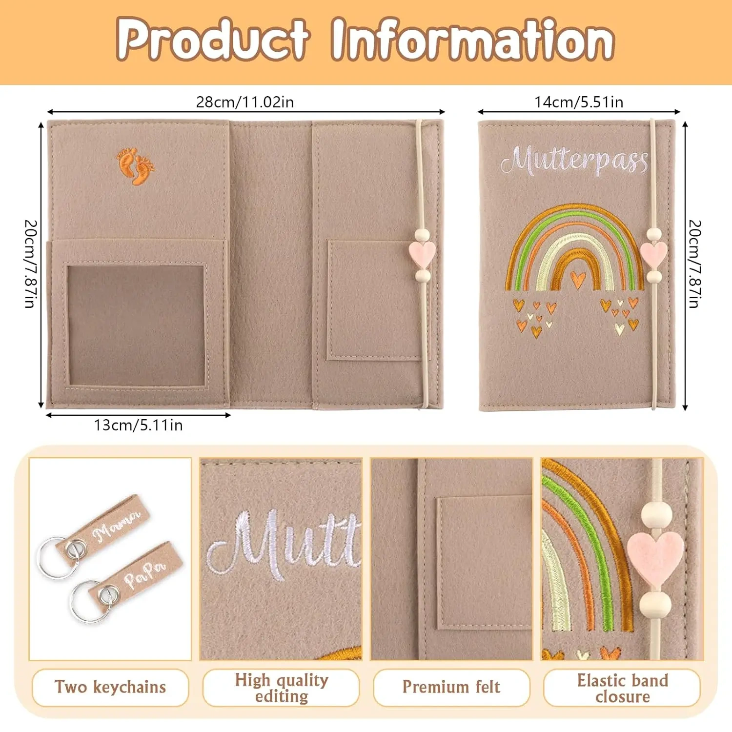 handmade protective personalized beige felt custom document case document maternity passport cover with key rings
