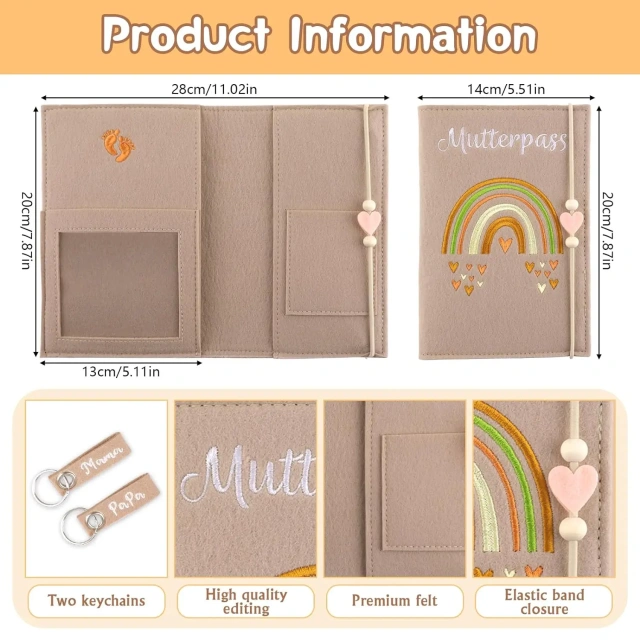 porta-documentos personalizado feito à mão, de feltro bege, protetor, porta-documentos, maternidade, capa para passaporte com chaveiros