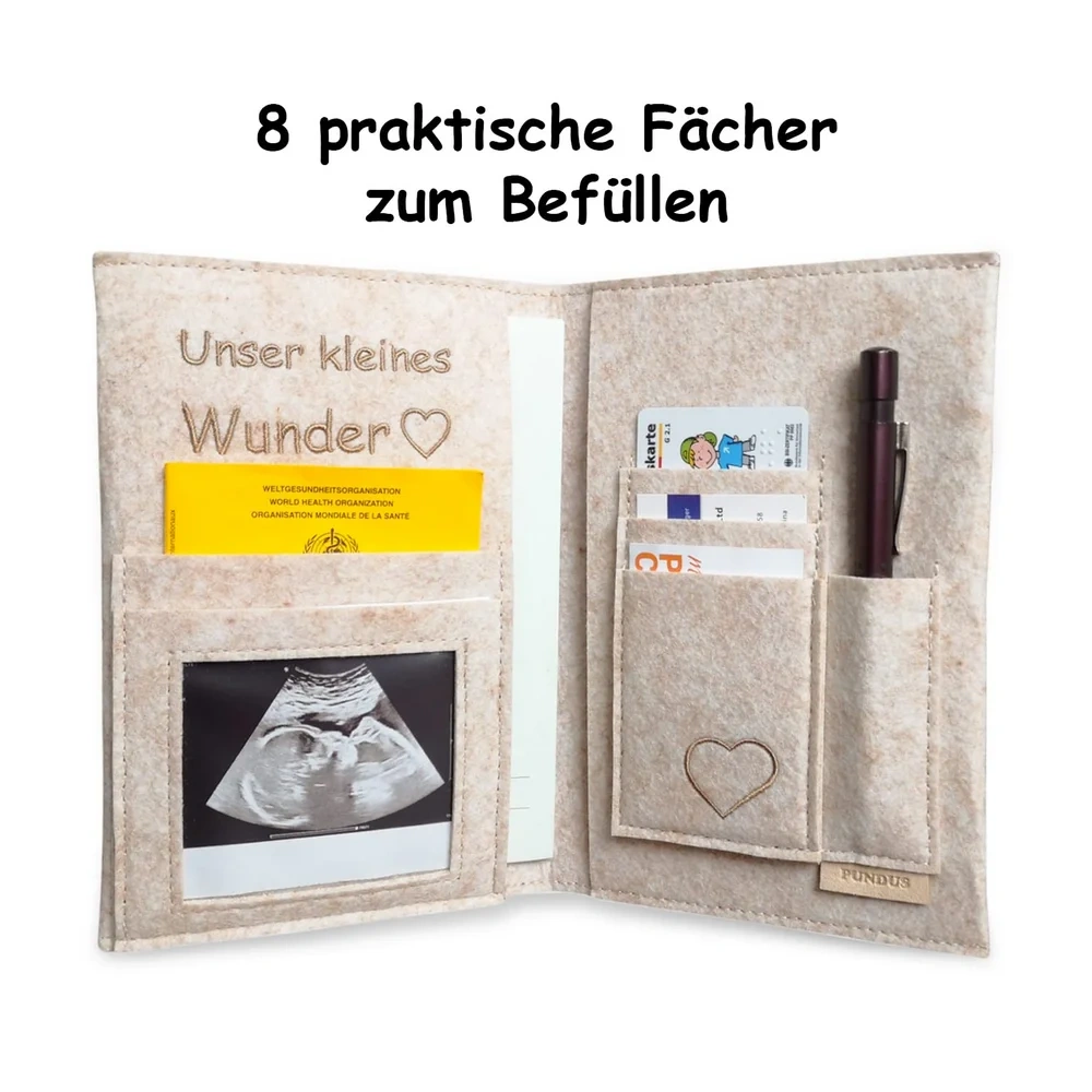 Custom Embroider Beige Felt Maternity Log Mutterpass Cover Bag with String Heart Silicone Beads