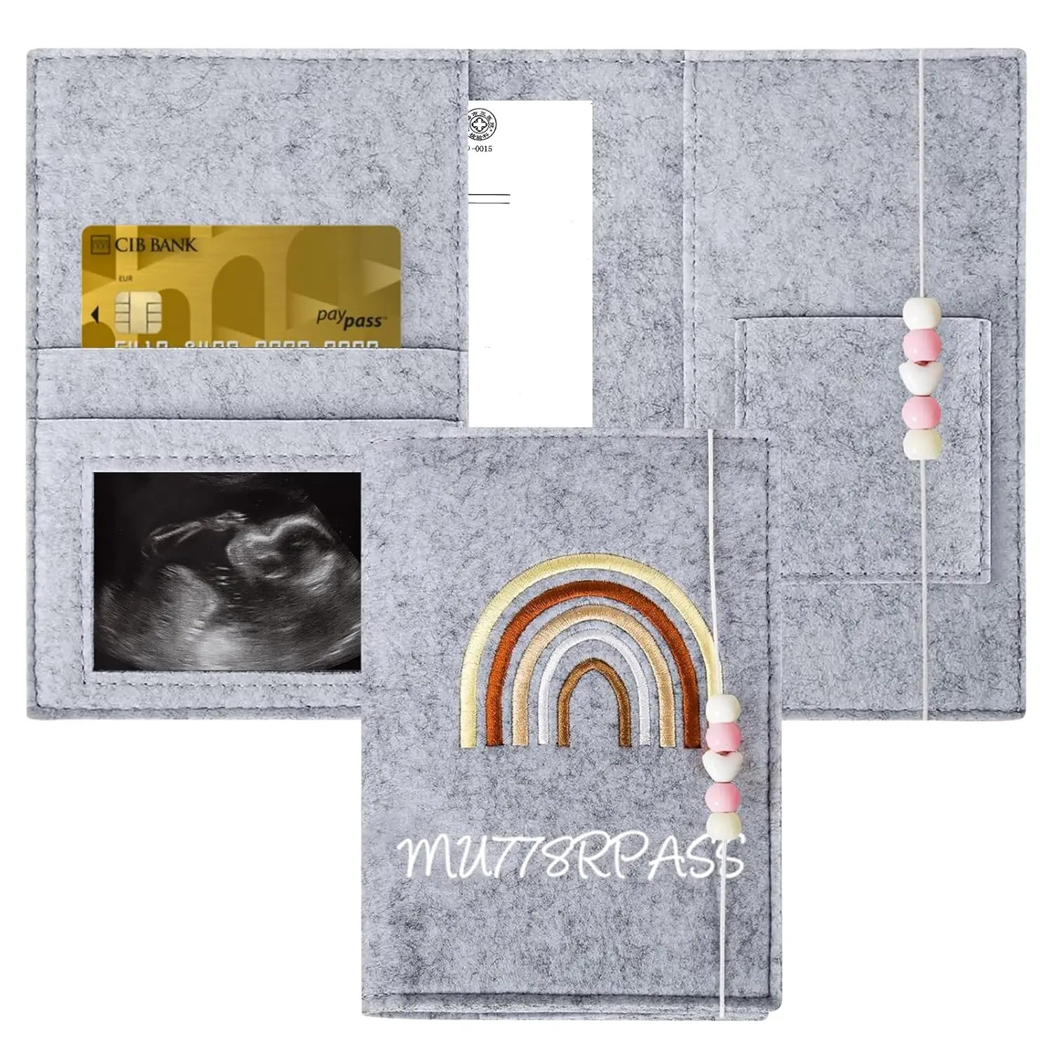 Custom Grey Rainbow Felt Maternity Log Mutterpass Cover Bag for Pregnant Mother