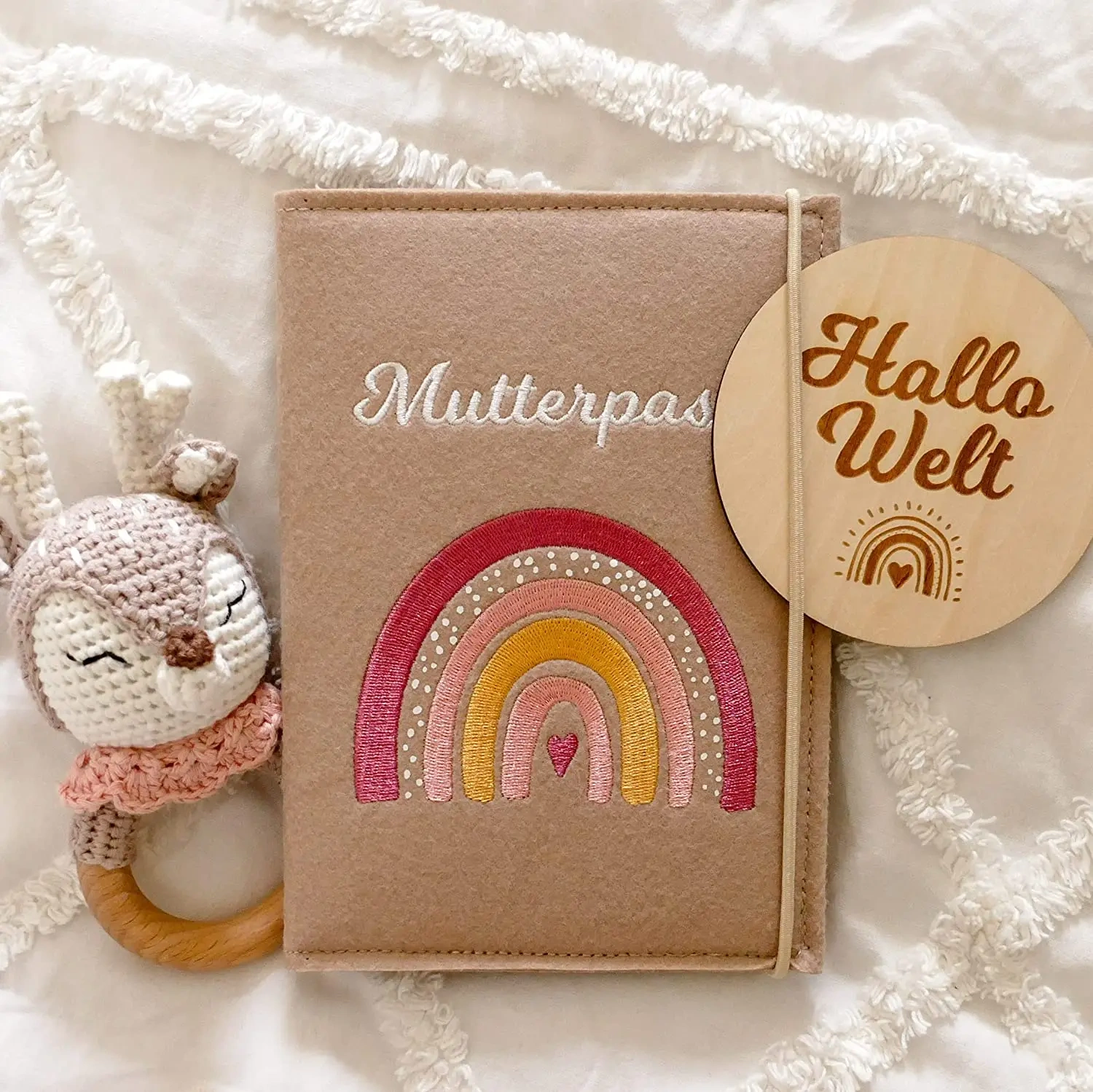 Custom Logo Beige Rainbow Felt Mutterpass Cover with String