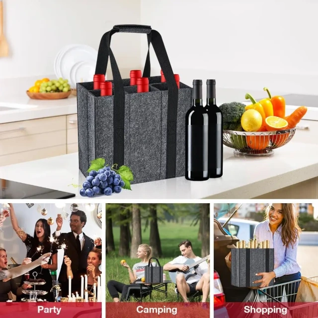 échantillon gratuit en gros personnalisé 27x18x27cm refroidisseur de bière fourre-tout 6 transporteurs sacs pour bouteilles d'eau sacs à vin en feutre gris pour bouteilles de vin