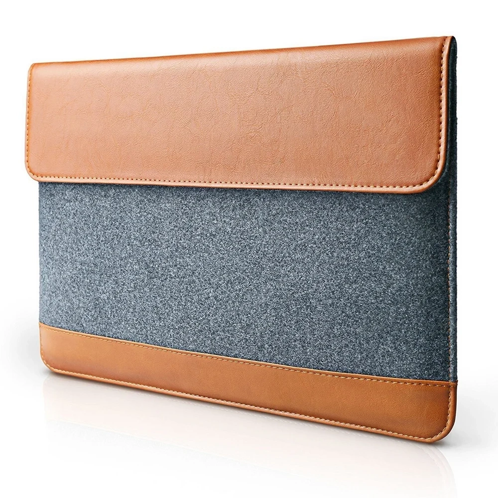 Custom stylish grey soft felt PU leather business men women laptop bag sleeve with magnet closure for computer protection