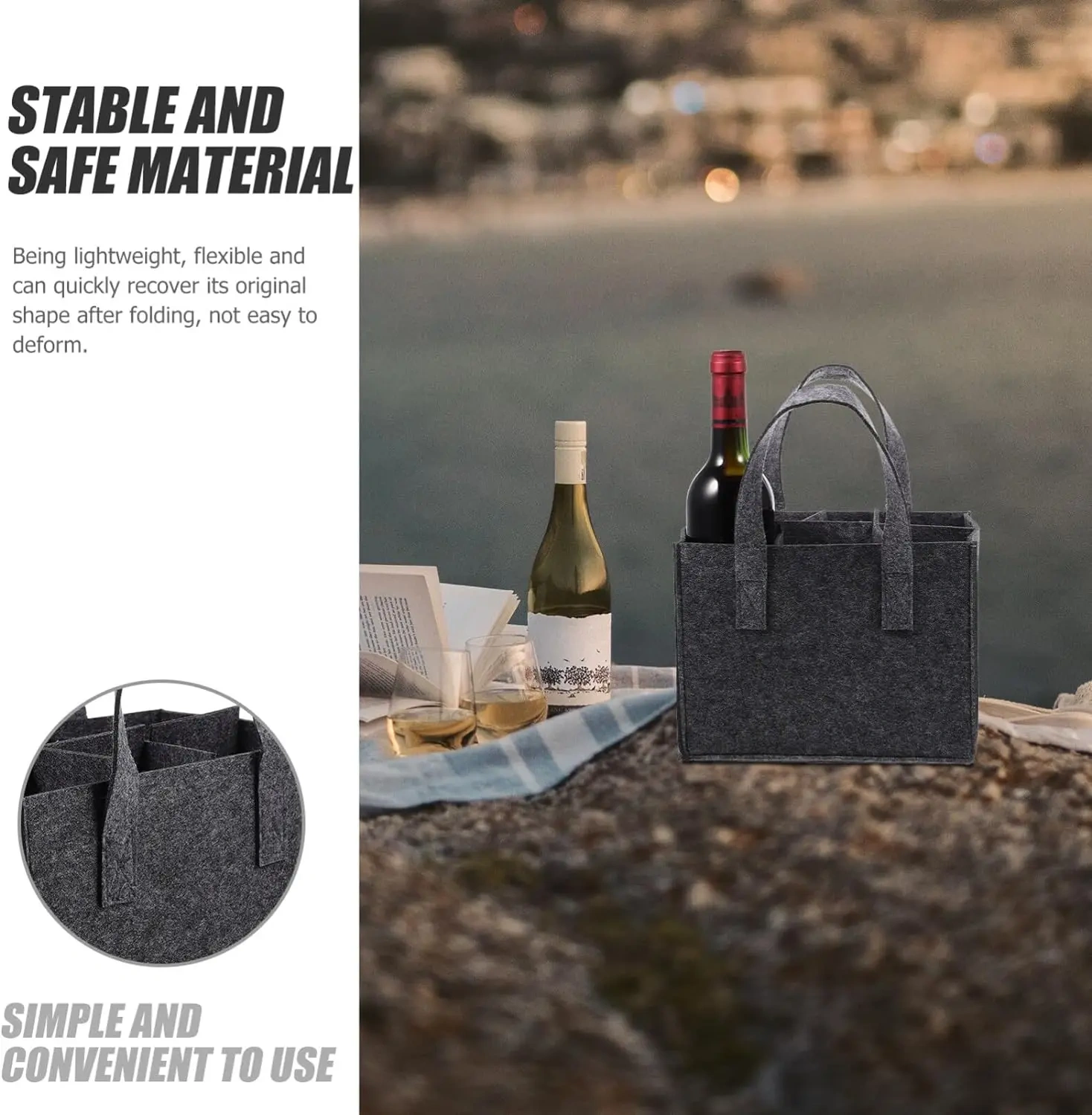 Portable  Bottle Wine Carrier with Detachable Divider Felt Wine Tote Bag Durable Material with Handle