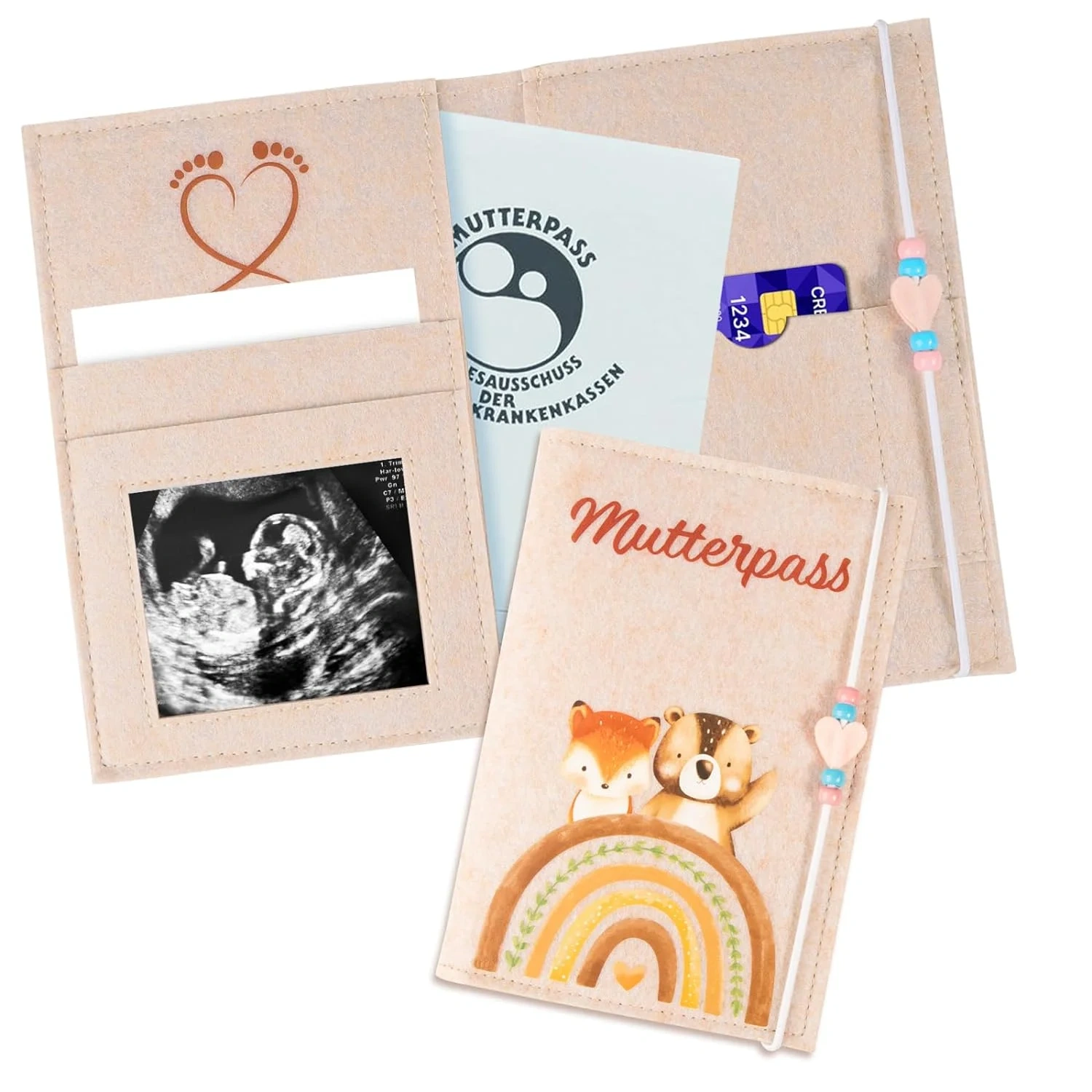 Custom Printed Brown Rainbow Felt Maternity Log Pass Cover with Elastic String Heart Beads