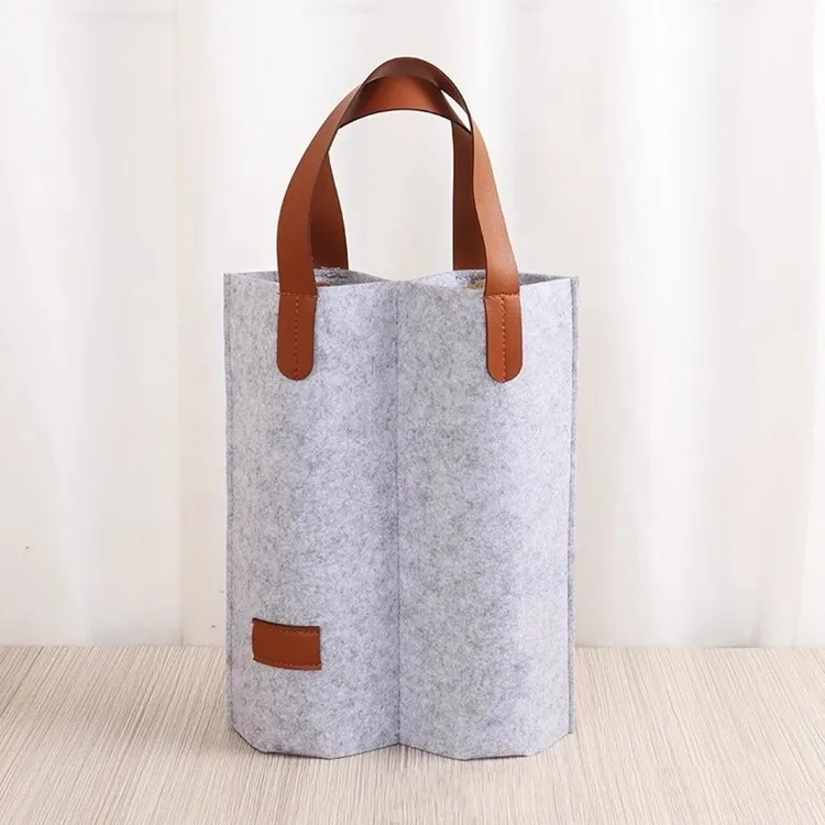 Cheap Wine Carrier Bag with Leather Handle Single Felt Bottle Wine Bag for Party Wedding Gift Travel Picnic Housewarming Dinner