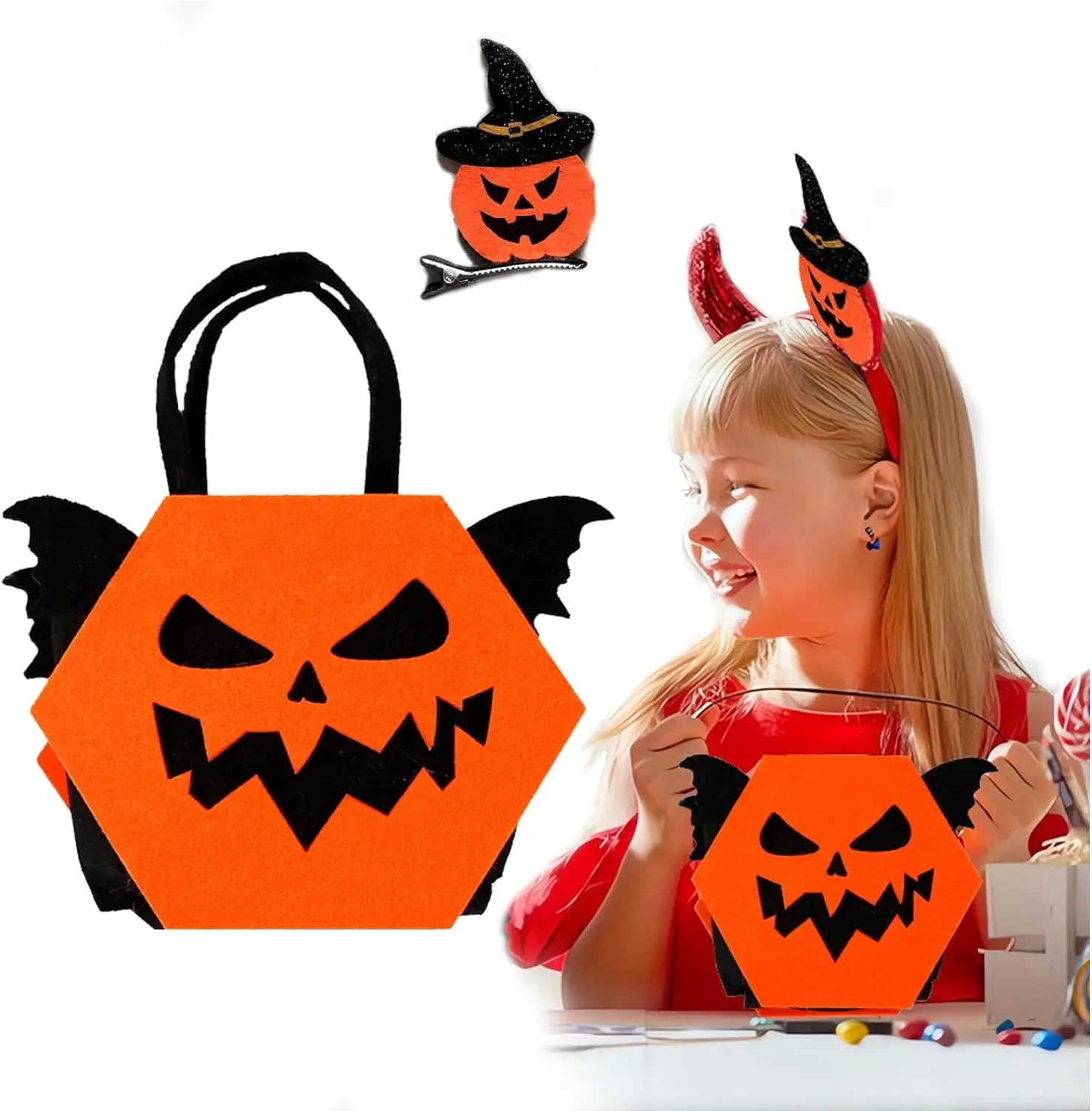 Kid Trick or Treat Scary Pumpkin Felt Halloween Candy Basket