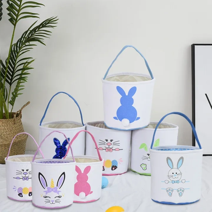 stocked low MOQ wholesale Easter 2024 decorations toy custom liner velvet cotton canvas Easter egg hunt bunny bag Easter baskets