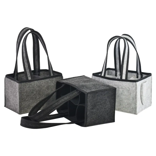 Bolsas de vino de fieltro personalizadas BSCI para botellas de vino, embalaje de regalo, venta al por mayor, bolsa de mano de fieltro gris duradera y portátil para botellas de cerveza