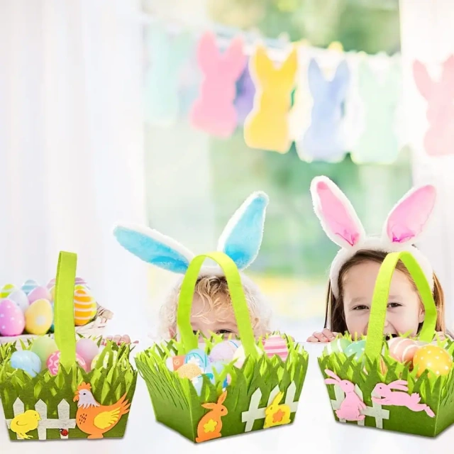 عينة مجانية بالجملة جديدة مخصصة للتسامي المخصص لفرخ بقرة حلوى أرنب بيض صيد كيس هدايا من اللباد سلال عيد الفصح للأطفال