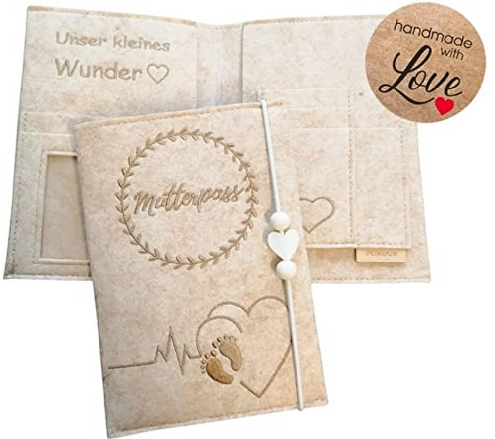 Custom Embroider Beige Felt Maternity Log Mutterpass Cover Bag with String Heart Silicone Beads