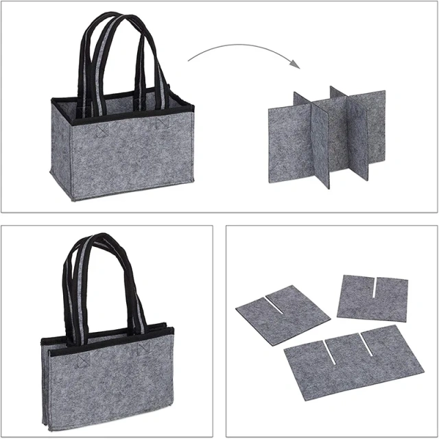 Bolsas de vino de fieltro personalizadas BSCI para botellas de vino, embalaje de regalo, venta al por mayor, bolsa de mano de fieltro gris duradera y portátil para botellas de cerveza