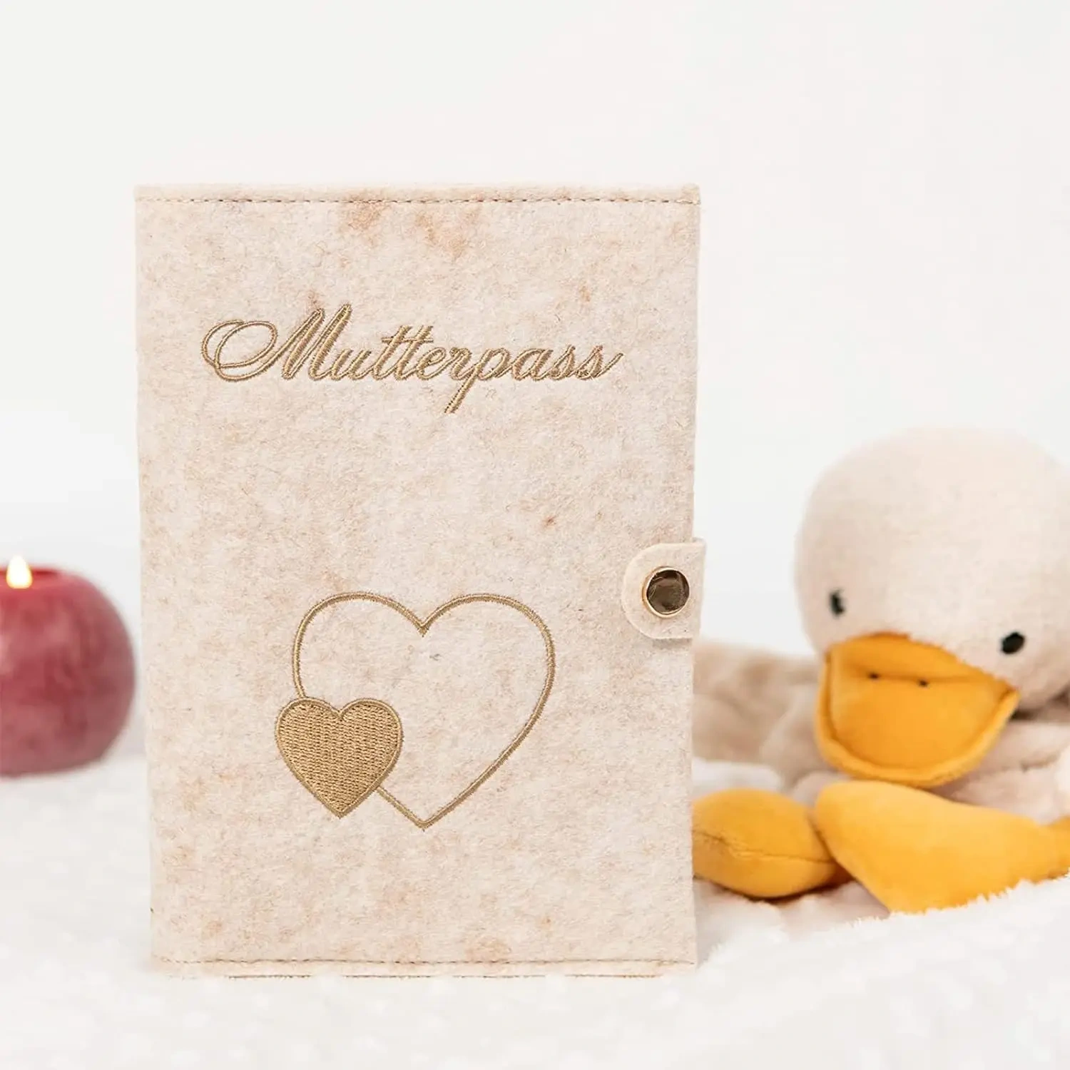 Custom Embroider Beige Premium Felt Maternity Log Pass Cover with Elastic String Silicone Beads