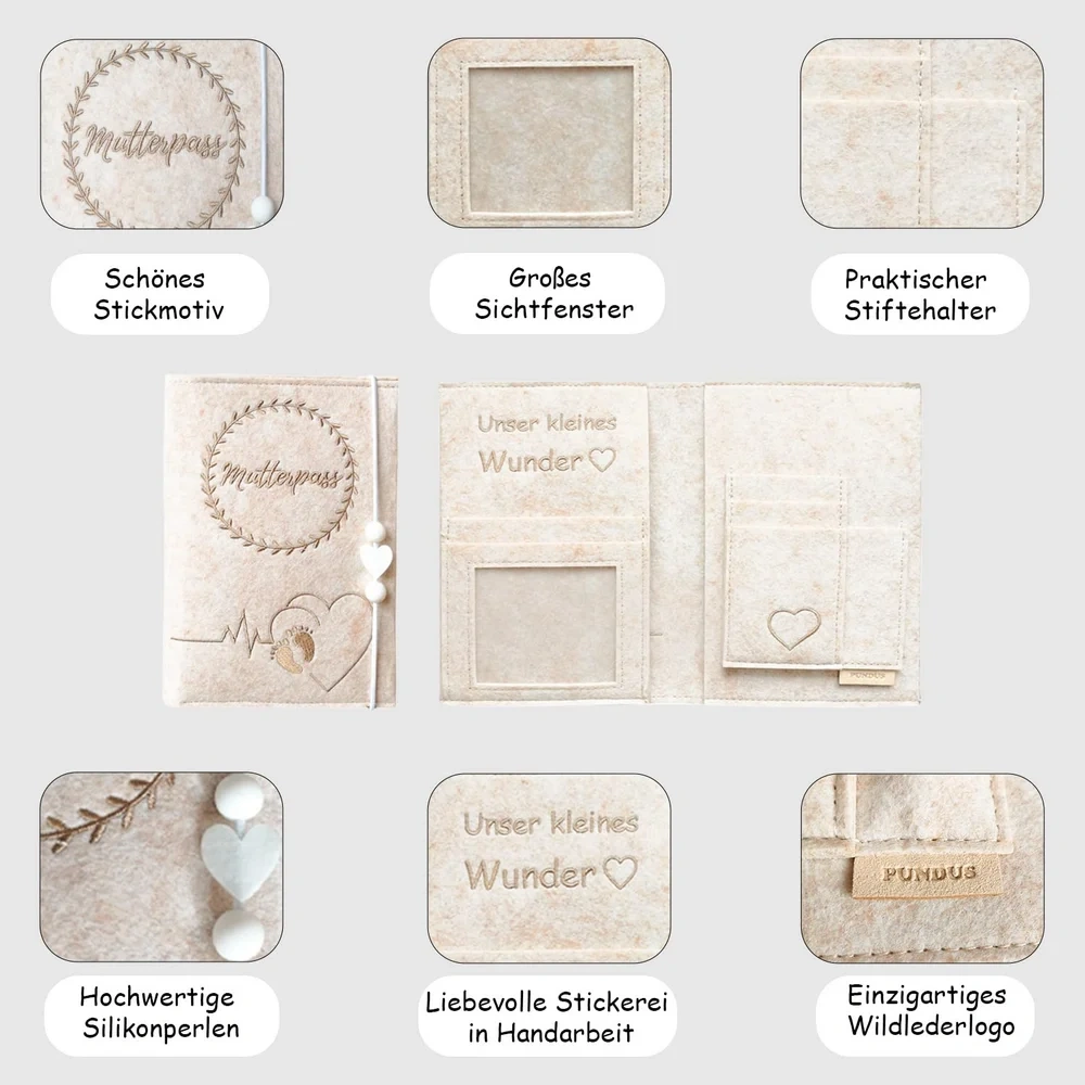 Custom Embroider Beige Felt Maternity Log Mutterpass Cover Bag with String Heart Silicone Beads