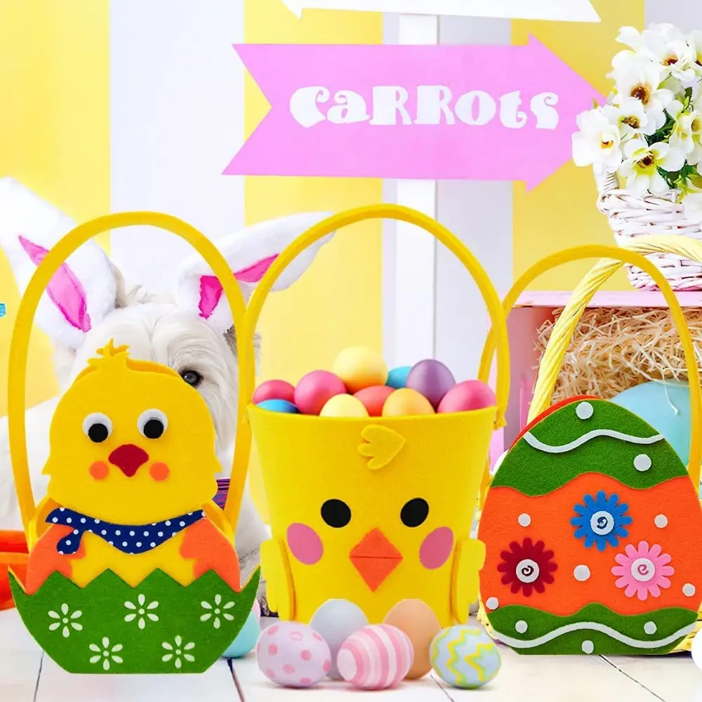 Children's Easter Themed Decoration Felt Easter Chick Egg Hunt Baskets with Handle Easter Candy Gift Tote Bag