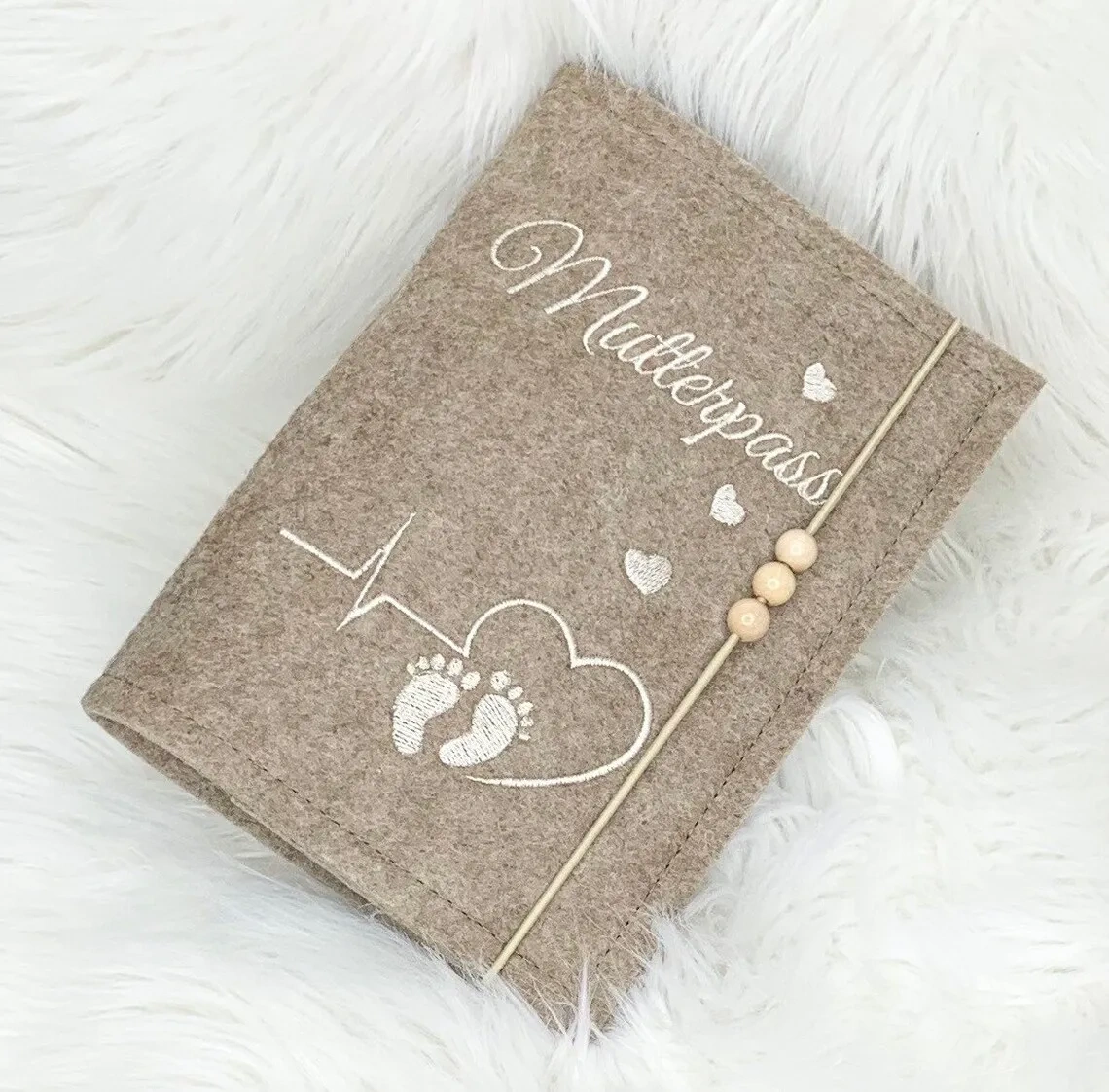 Custom Embroider Beige Premium Felt Maternity Log Pass Cover with Elastic String Silicone Beads