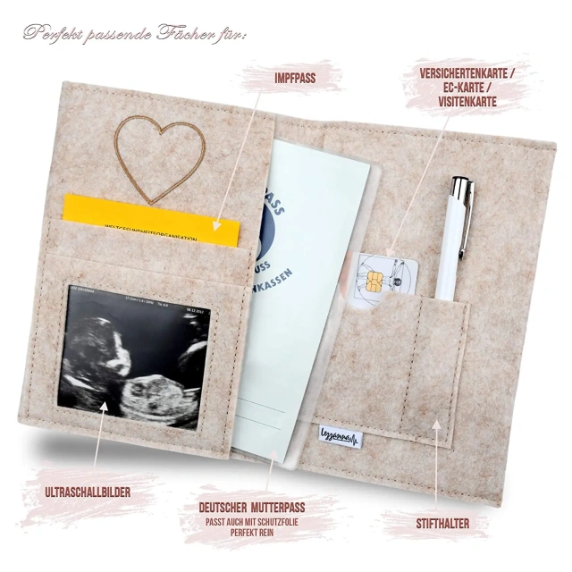 Custom Logo Beige Felt Mutterpass Cover with Silicone Beads