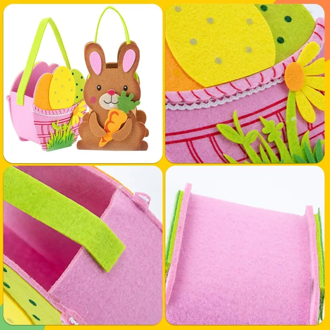 BSCI low MOQ wholesale Easter decoration party novelties chick egg hunt baskets felt Easter bunny candy gift bags for kids