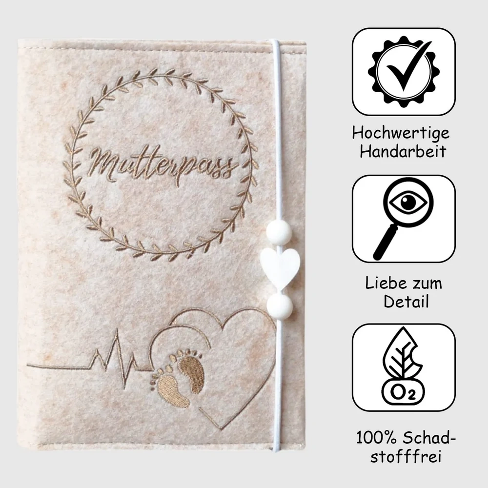 Custom Embroider Beige Felt Maternity Log Mutterpass Cover Bag with String Heart Silicone Beads