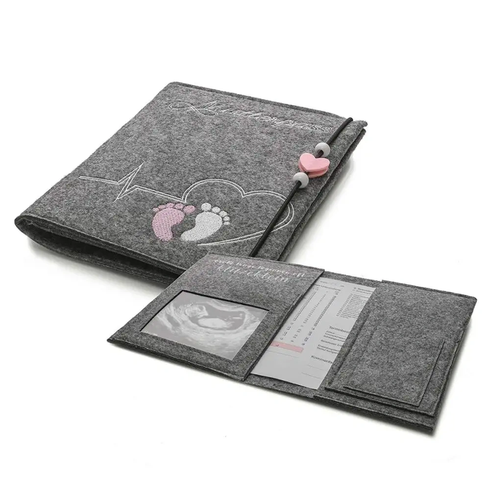 Custom Embroider Footprint Premium Felt Maternity Log Cover with String Heart Buttons