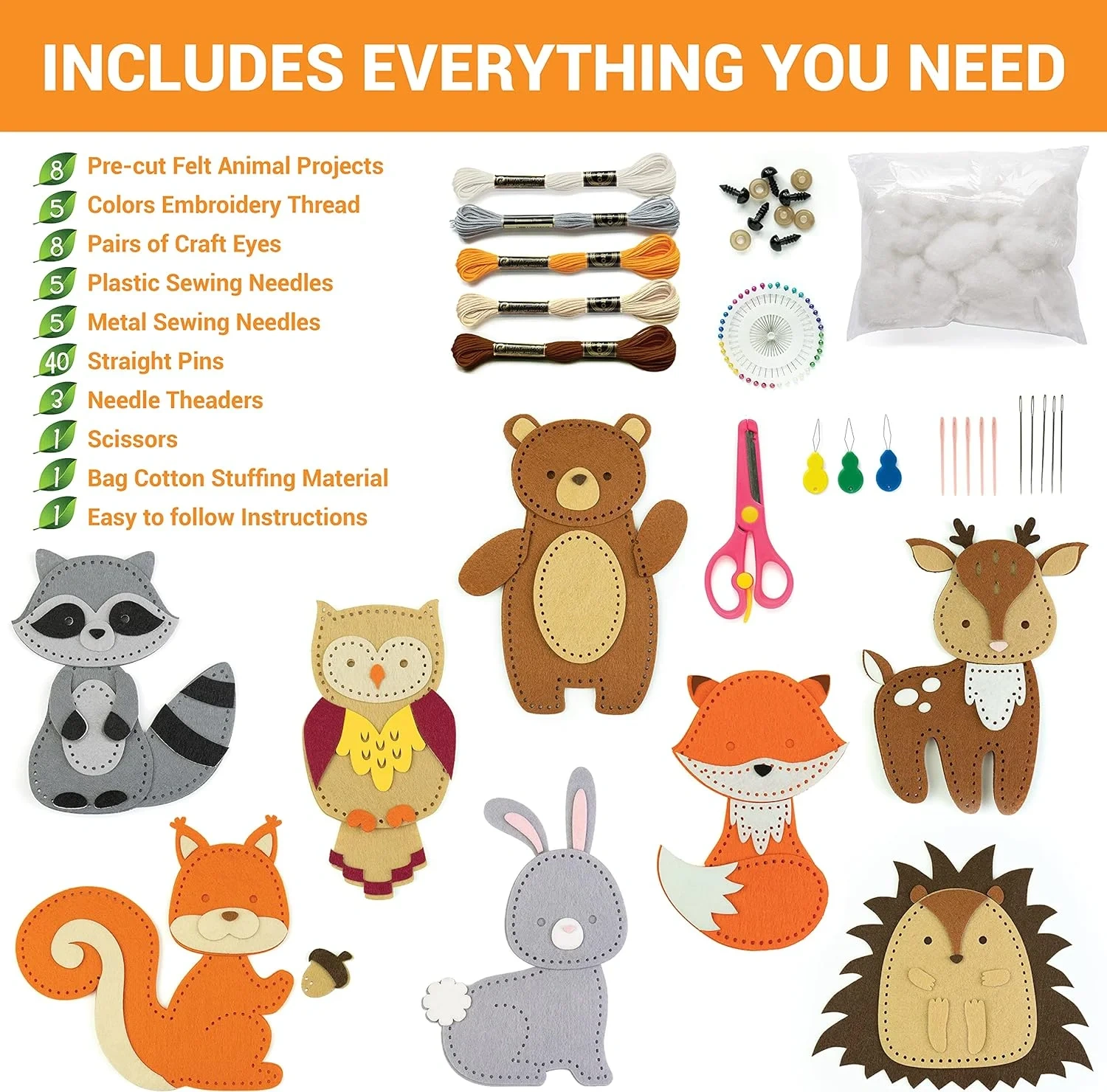 Kids Educational Stuffing Soft Toy Craft Felt Sewing Kit Set 8 Forest Animals