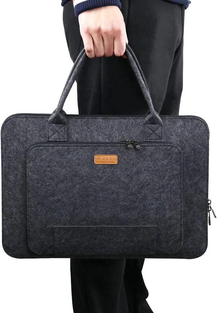 Unique design fashional 17 inch darkgrey felt notebook laptop bag with large storage space