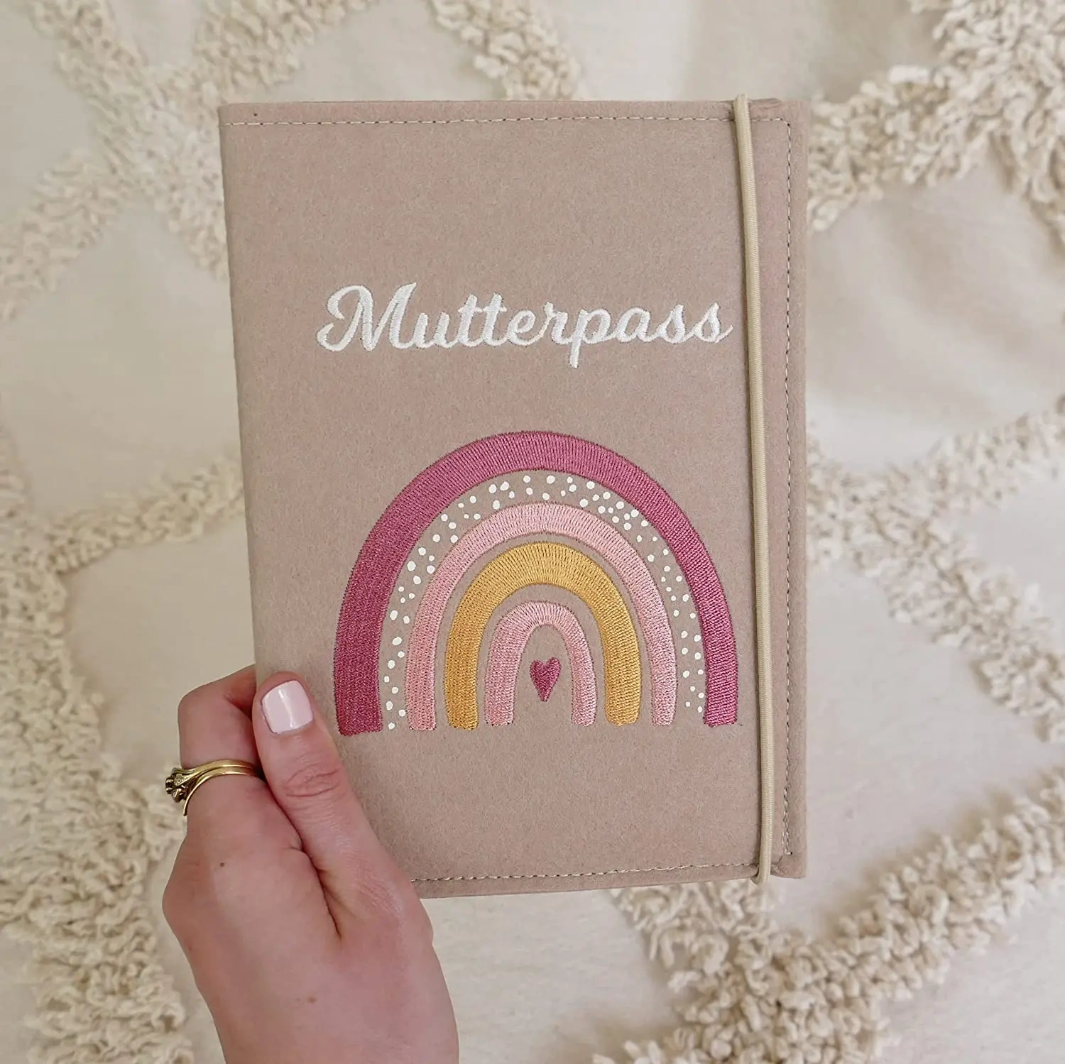Custom Logo Beige Rainbow Felt Mutterpass Cover with String