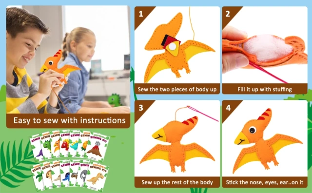 مجموعة أدوات خياطة يدوية من اللباد للأطفال على شكل ديناصور S14