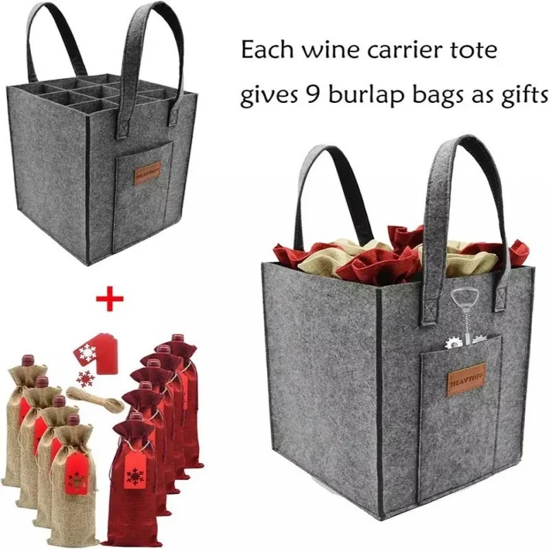 9 Bottles Wine Carrier Tote Reusable Grocery Bags for Travel Camping and Picnic Perfect Wine Lover Gift Felt Wine Bottle Bag