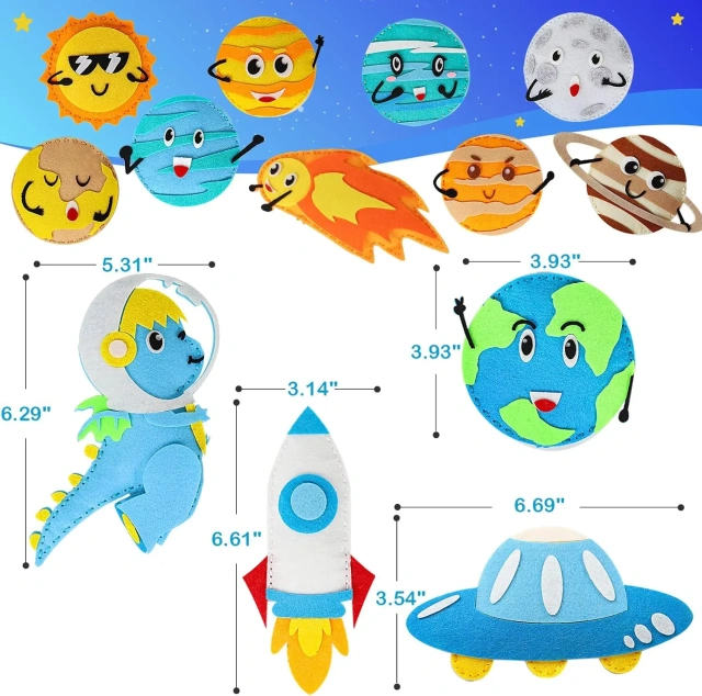 مجموعة أدوات خياطة مصنوعة يدويًا من اللباد للأطفال مصنوعة من علوم الفضاء والكواكب والصواريخ