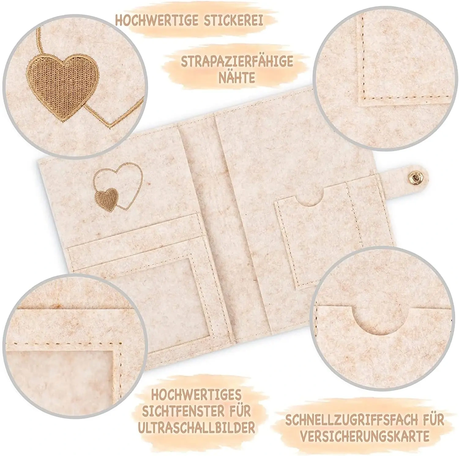 Custom Embroider Beige Premium Felt Maternity Log Pass Cover with Elastic String Silicone Beads