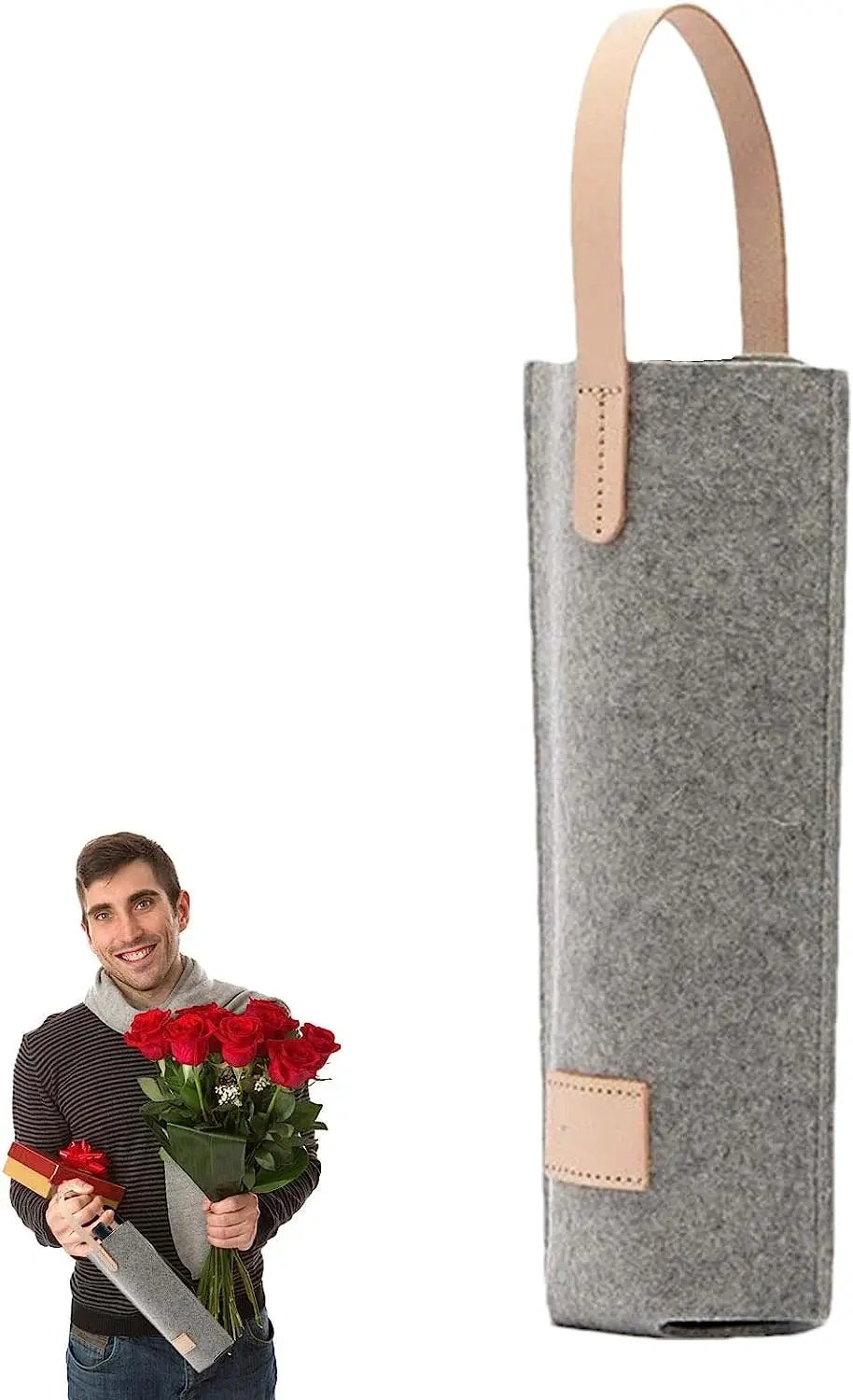 Padded leather handle custom felt non woven wine bottle carrier tote bag for shopping wedding birthday dinner parties