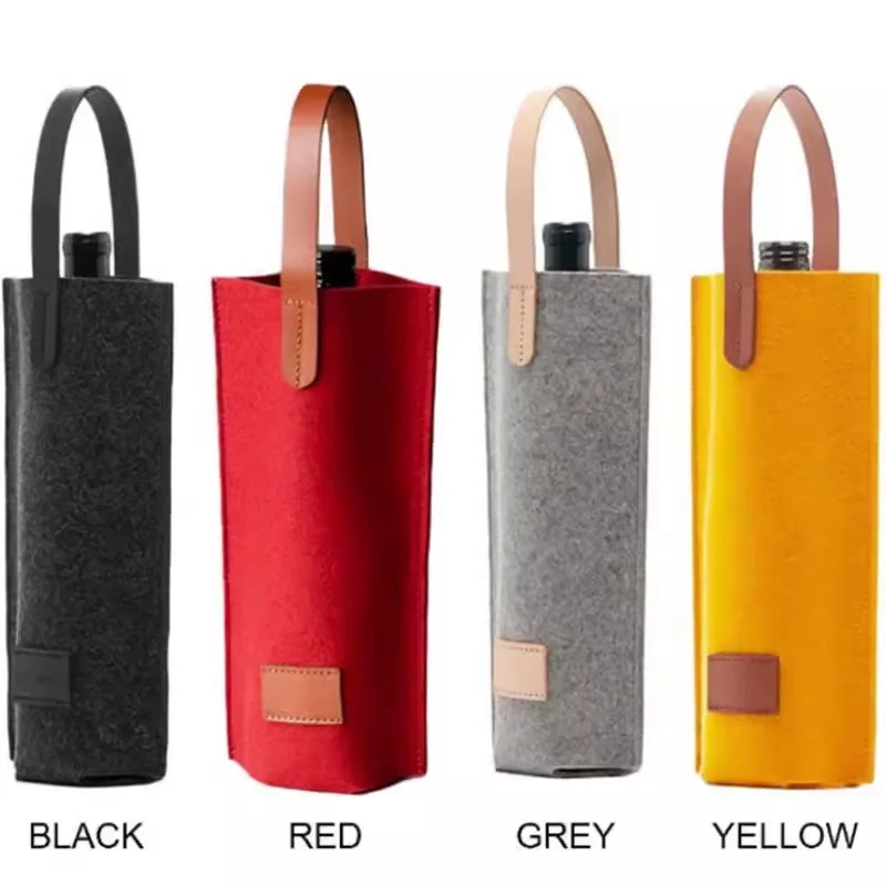 Cheap Wine Carrier Bag with Leather Handle Single Felt Bottle Wine Bag for Party Wedding Gift Travel Picnic Housewarming Dinner