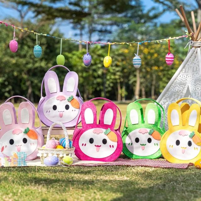 Décorations de Pâques en gros à faible MOQ, nouveautés de fête pour enfants, feutre, lapin de Pâques, bonbons, sacs cadeaux, chasse aux œufs en tissu, paniers de Pâques