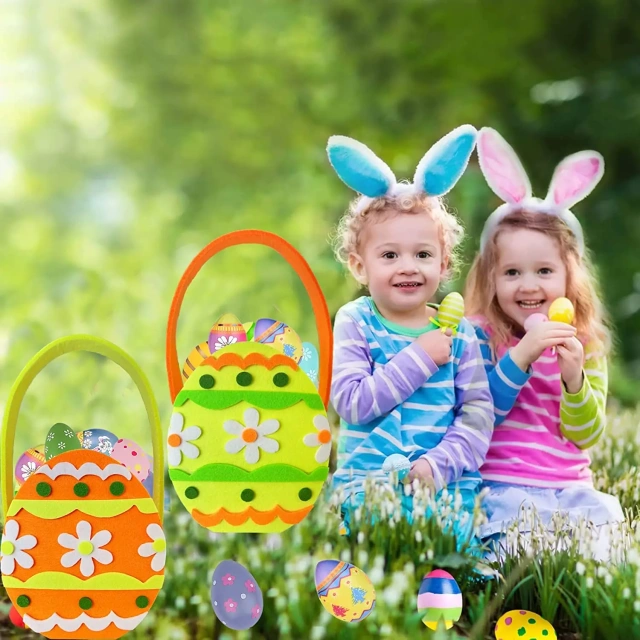 Vente en gros de décorations de poussins de Pâques en feutre à sublimation, paniers de chasse aux œufs de Pâques pour décorations de fête pour enfants, sacs de bonbons, seaux de friandises