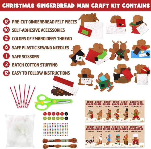 Kit de costura de fieltro para manualidades para niños S12 Hombre de jengibre navideño