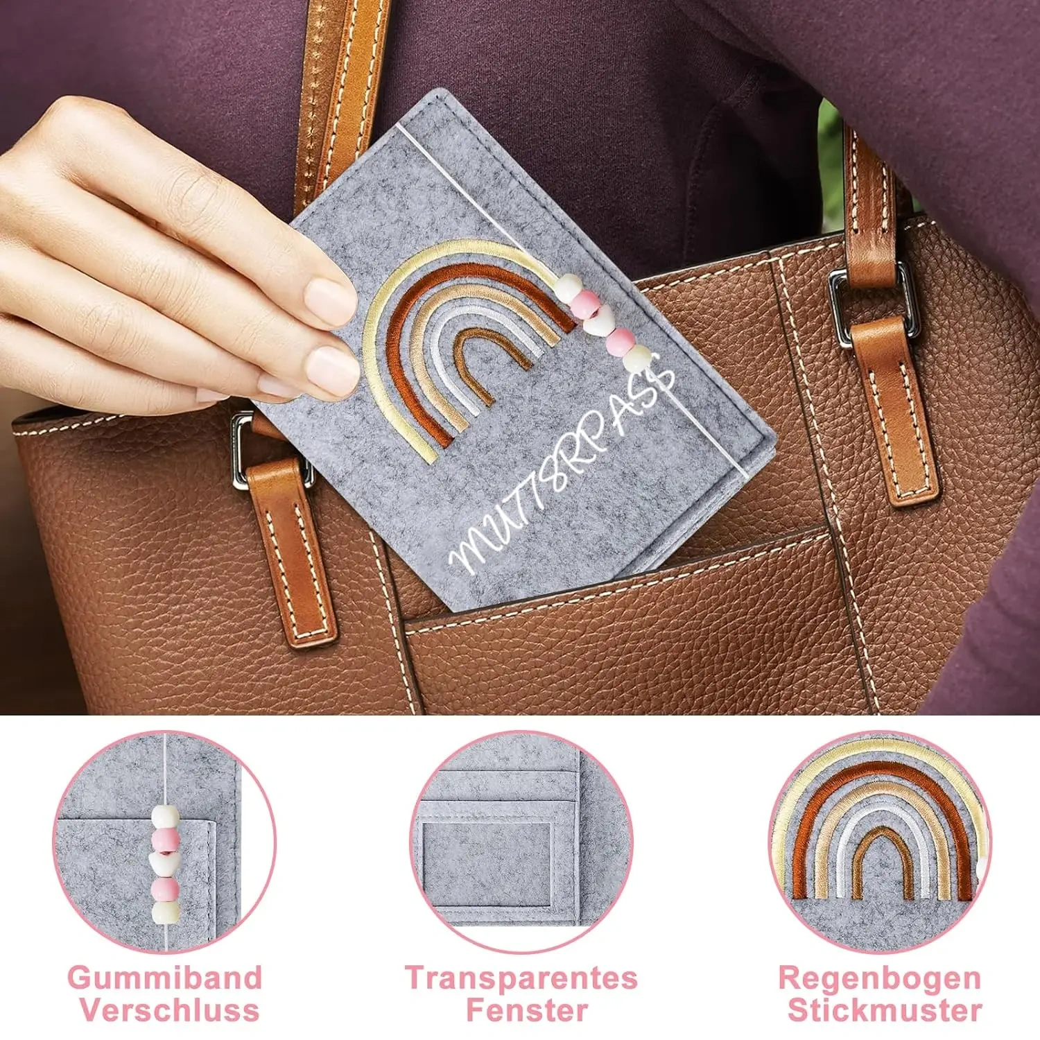 Custom Grey Rainbow Felt Maternity Log Mutterpass Cover Bag for Pregnant Mother