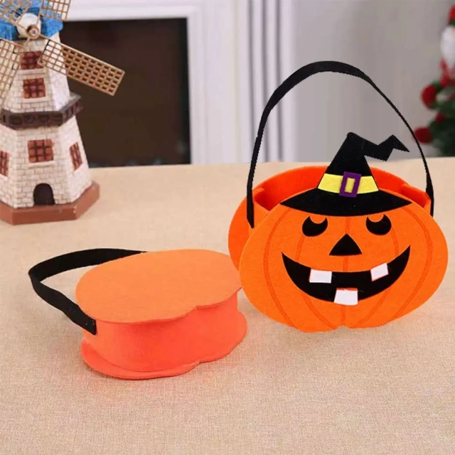 Canasta de dulces de Halloween de fieltro con forma de calabaza para pedir dulces 2025 para niños