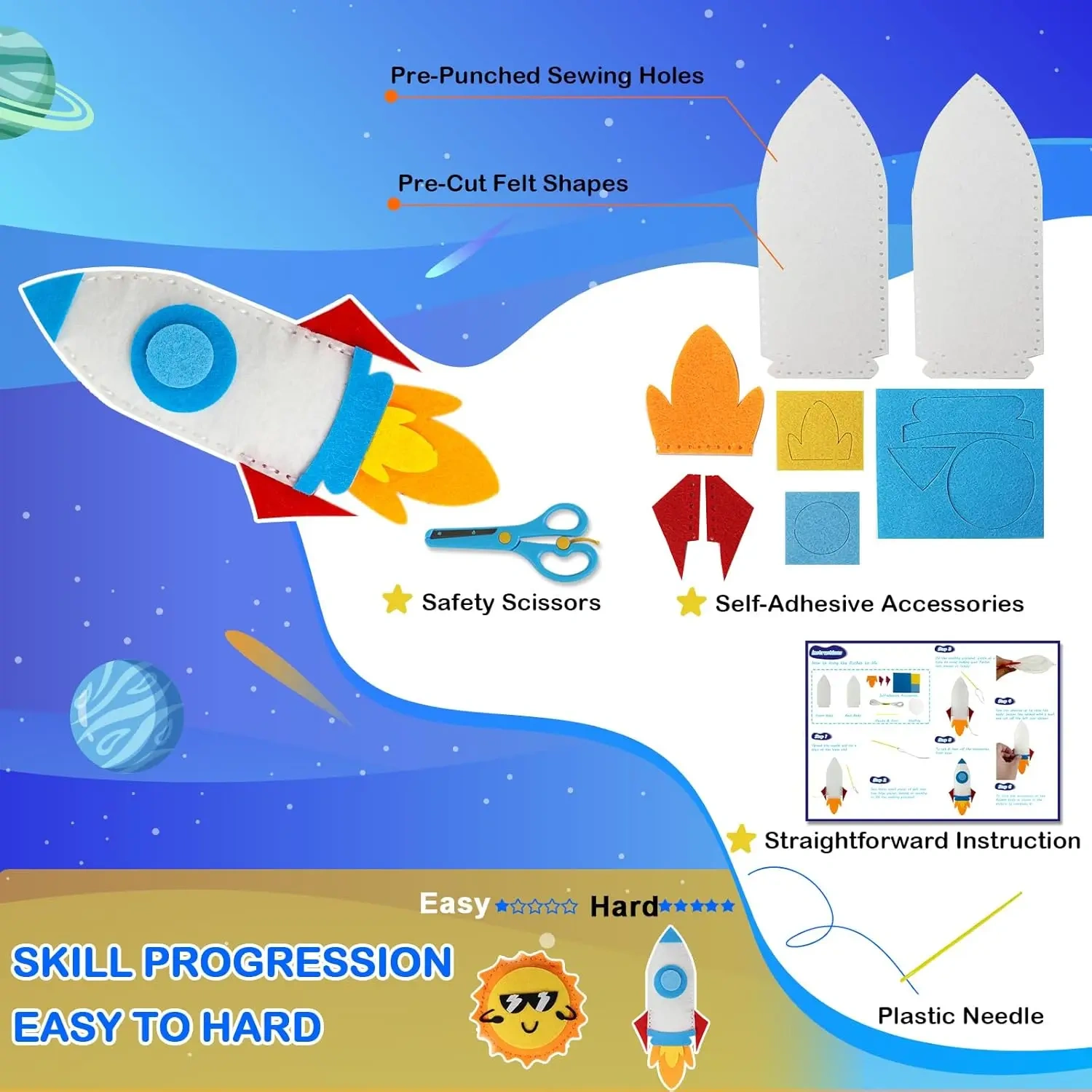 Kids Fun Craft Space Science Planet Rocket DIY Felt Sew Kit
