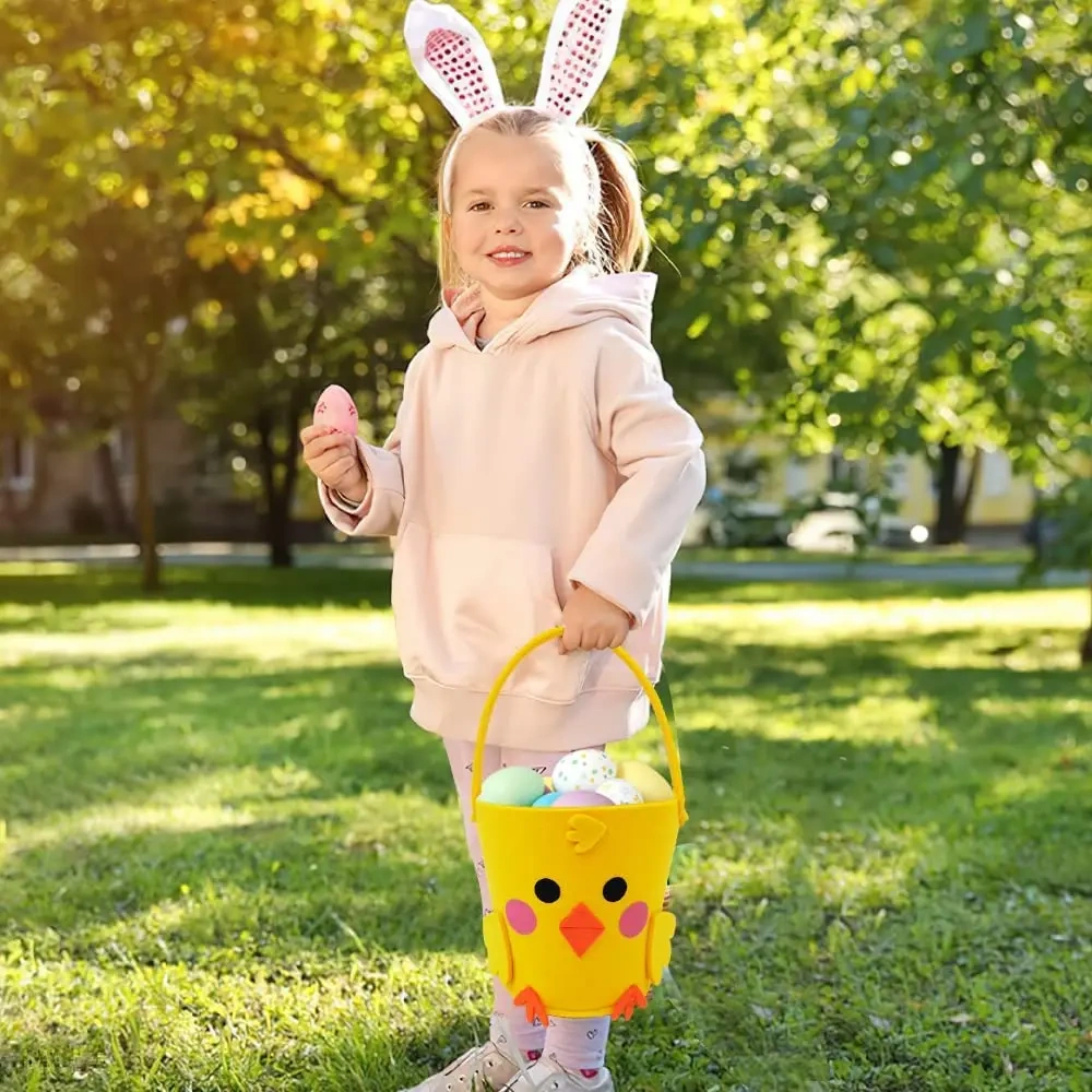 Children's Easter Themed Decoration Felt Easter Chick Egg Hunt Baskets with Handle Easter Candy Gift Tote Bag