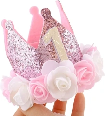 Chapéu de coroa de feltro rosa com glitter personalizado para festa de aniversário