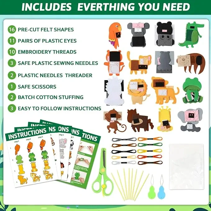 Custom Kids Fun Craft Toy DIY Jungle Animals Felt Sewing Kit